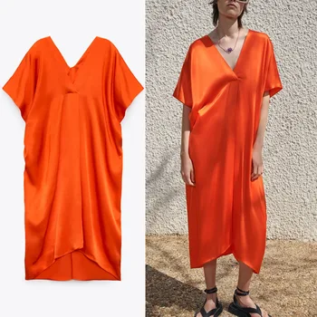 2021 Za Poletje Tunika Dolga Obleka Ženske Kratke Širok Rokav Ruching Saten Obleke Ženska Moda Naguban Asimetrične Robom Ohlapno Obleko
