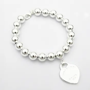 Klasična lady S925 sterling srebro v obliki srca 8 mm krog kroglice beaded nakit zapestnica nekaj počitniških darilo