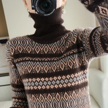 Kašmir pulover ženske, jesen/zima 2021 nov debel volne puloverju pulover turtleneck plus velikost retro suknjič dame bluzo