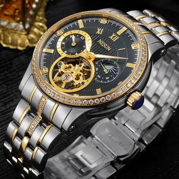 Luksuzne blagovne Znamke Švica NESUN Okostje Diamond Watch Moških Samodejno Self-Veter Moške Ure 100M Vodotesna ura N9093-1
