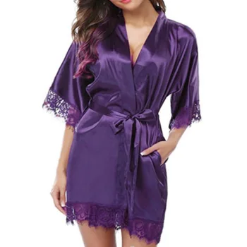 Ženske Ledu Svile Spanja Vrhovi Svate Kimono Oblačilih Nightgown Sleepwear Bathrob Plus Velikost Čipke Mozaik Haljo Seksi Perilo
